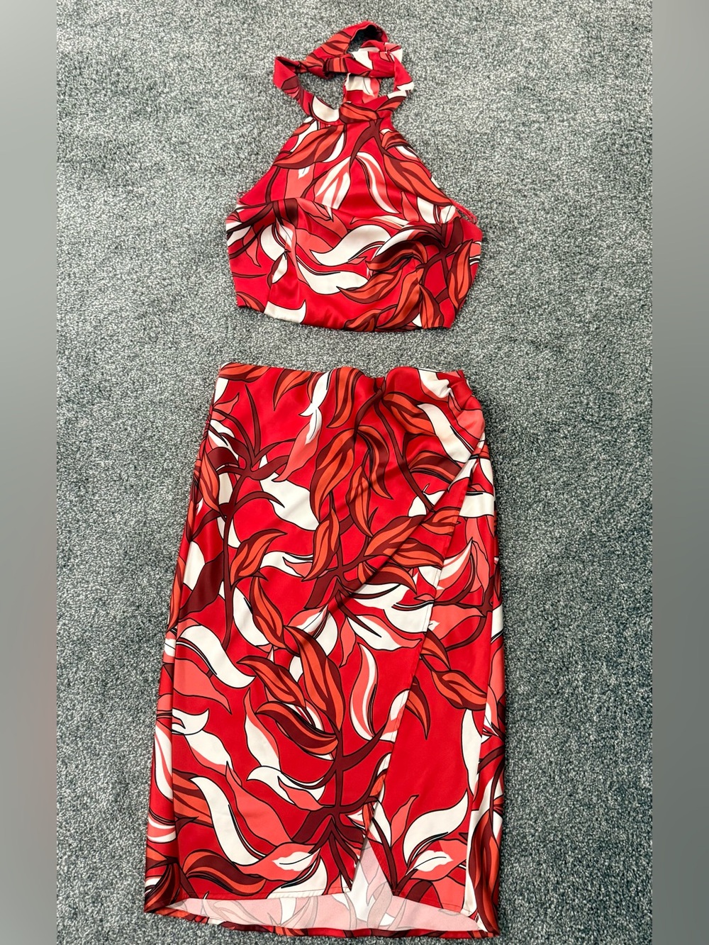 Sigrid Olsen Red Tropical Print Two-Piece Halter with Skirt